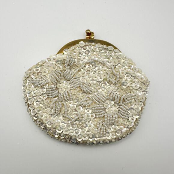 Vtg Ivory Silk Bead Sequin Gold Kiss Lock Coin Purse Wallet Handmade Hong Kong - Picture 2 of 5